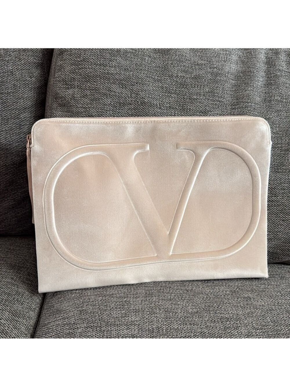 Valentino Beauty Nude Beige Velvet XL Flat Pouch  New
